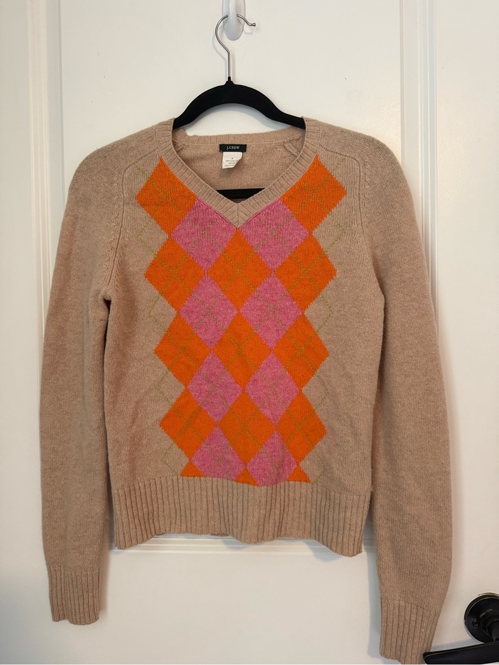 J. Crew 100% Lambswool V-Neck Argyle Sweater - Beige with Pink & Orange